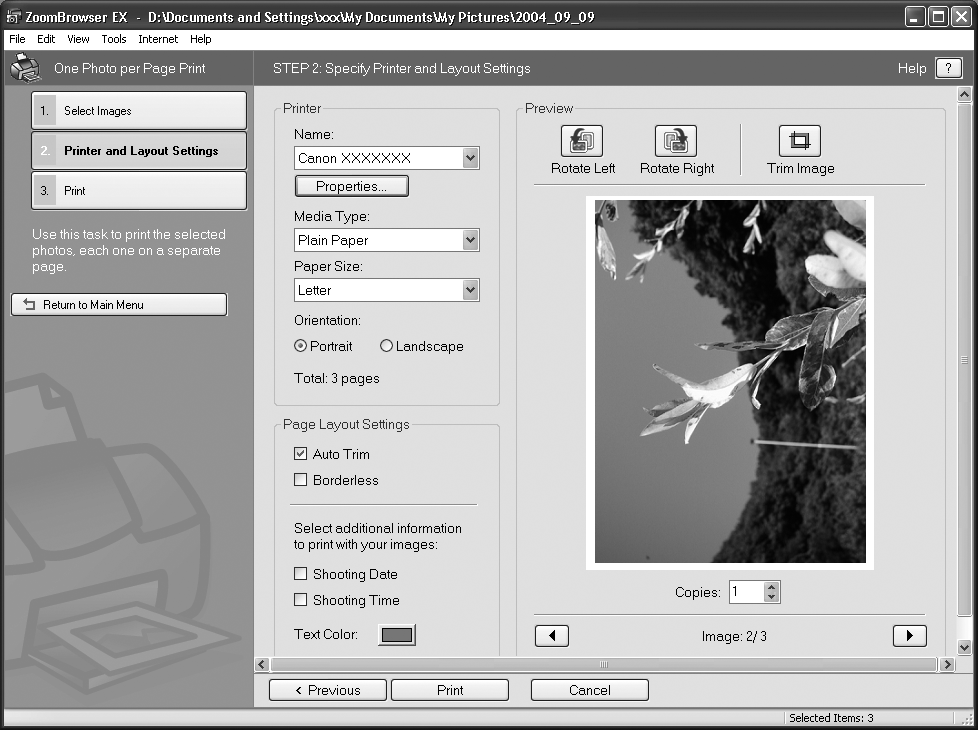 Brug af softwaren på Windows-platformen Grundlæggende procedurer 22 2 Vælg de ønskede billeder, når du har bekræftet, at [1. Select Images/ 1. Vælg billeder] er valgt.