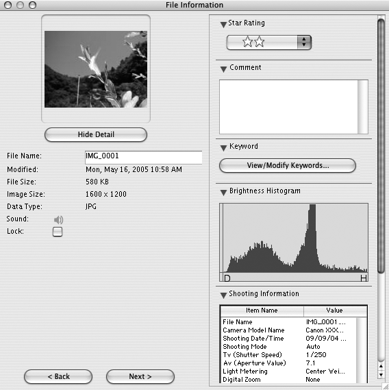Brug af softwaren på Macintosh-platformen Avancerede teknikker 57 Vinduet [File Information/Filoplysninger] Vinduet [File Information/Filoplysninger] vises, når du vælger et billedet i