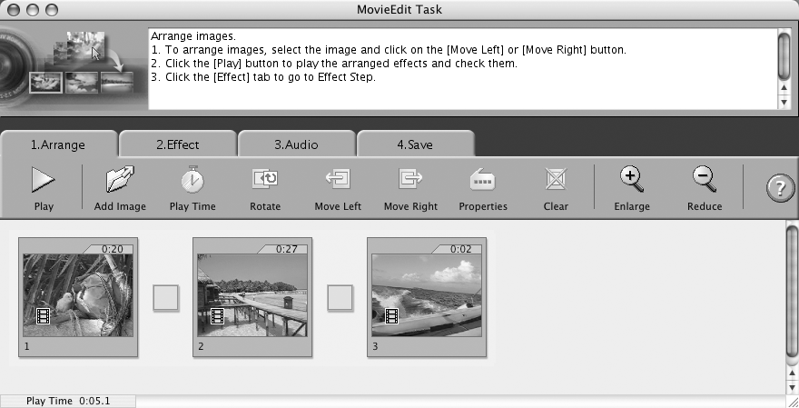 Brug af softwaren på Macintosh-platformen Avancerede teknikker 62 Redigering af film Du kan oprette og redigere film: sammenkæde film og stillbilleder, der er overført til computeren, tilføje