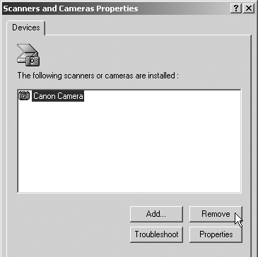 Appendikser 74 5 Vælg navnet på din kameramodel eller [Canon Camera/Canon-kamera] i dialogboksen [Scanners and Cameras Properties/Egenskaber for Scannere og kameraer], og klik på [Remove/Fjern].