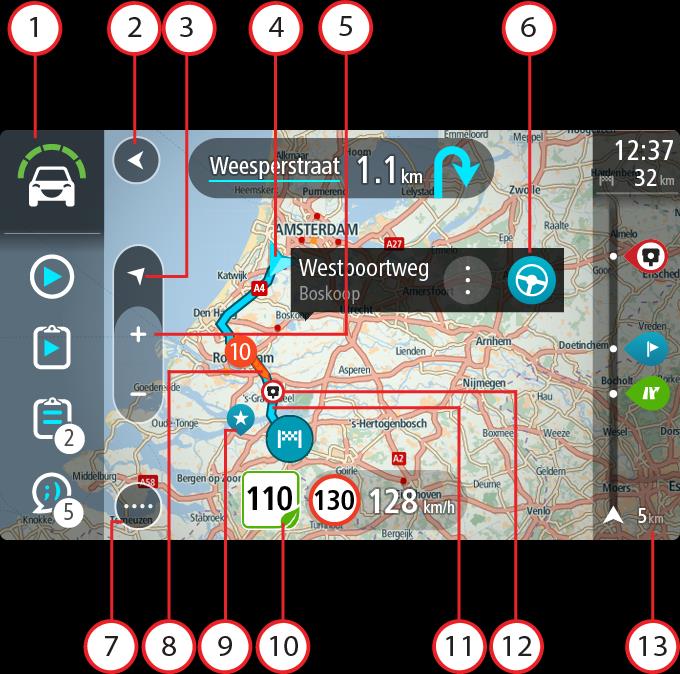 Hvis du har planlagt en rute, vises hele ruten på kortet. Du kan tilføje stop på ruten direkte fra kortet. Vejledningsvisning vises, når du starter med at køre. 1. WEBFLEET-panel.