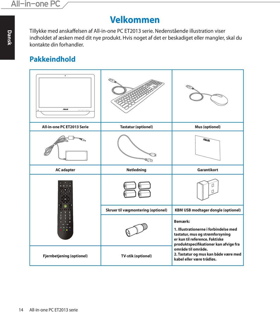 Pakkeindhold All-in-one PC ET2013 Serie Tastatur (optionel) Mus (optionel) AC adapter Netledning Garantikort Skruer til vægmontering (optionel) KBM USB modtager dongle
