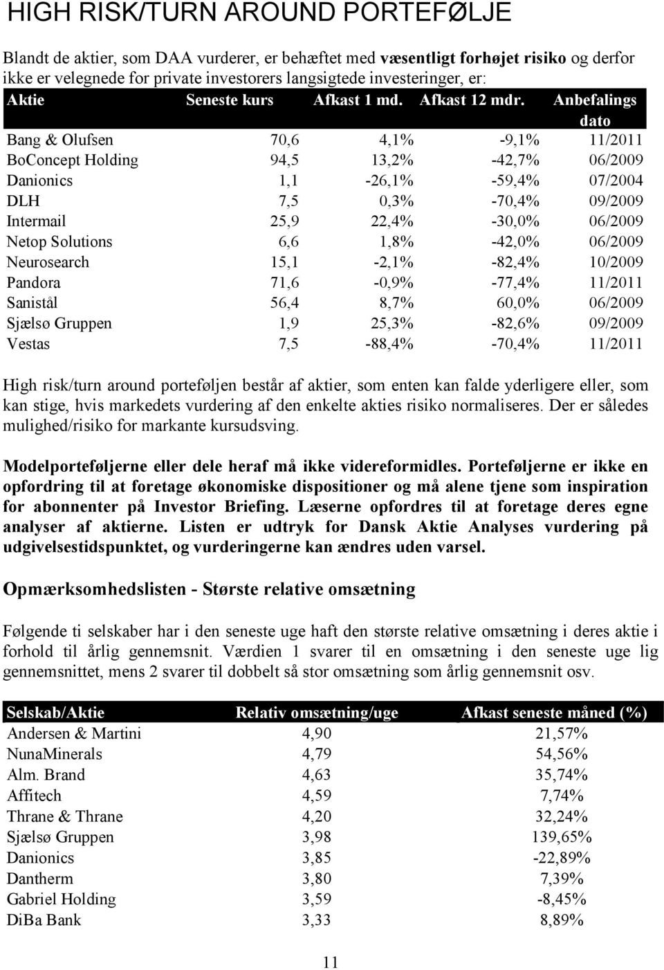 Anbefalings dato Bang & Olufsen 70,6 4,1% 9,1% 11/2011 BoConcept Holding 94,5 13,2% 42,7% 06/2009 Danionics 1,1 26,1% 59,4% 07/2004 DLH 7,5 0,3% 70,4% 09/2009 Intermail 25,9 22,4% 30, 06/2009 Netop