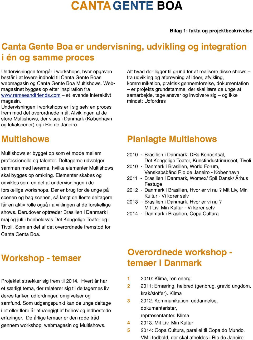 Undervisningen i workshops er i sig selv en proces frem mod det overordnede mål: Afviklingen af de store Multishows, der vises i Danmark (København og lokalscener) og i Rio de Janeiro.