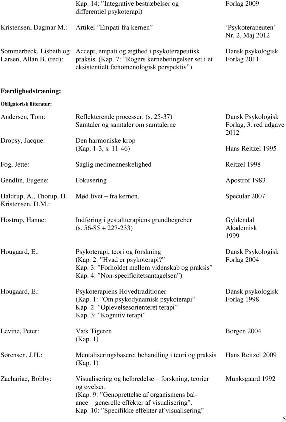 7: Rogers kernebetingelser set i et Forlag 2011 eksistentielt fænomenologisk perspektiv ) Færdighedstræning: Andersen, Tom: Reflekterende processer. (s.