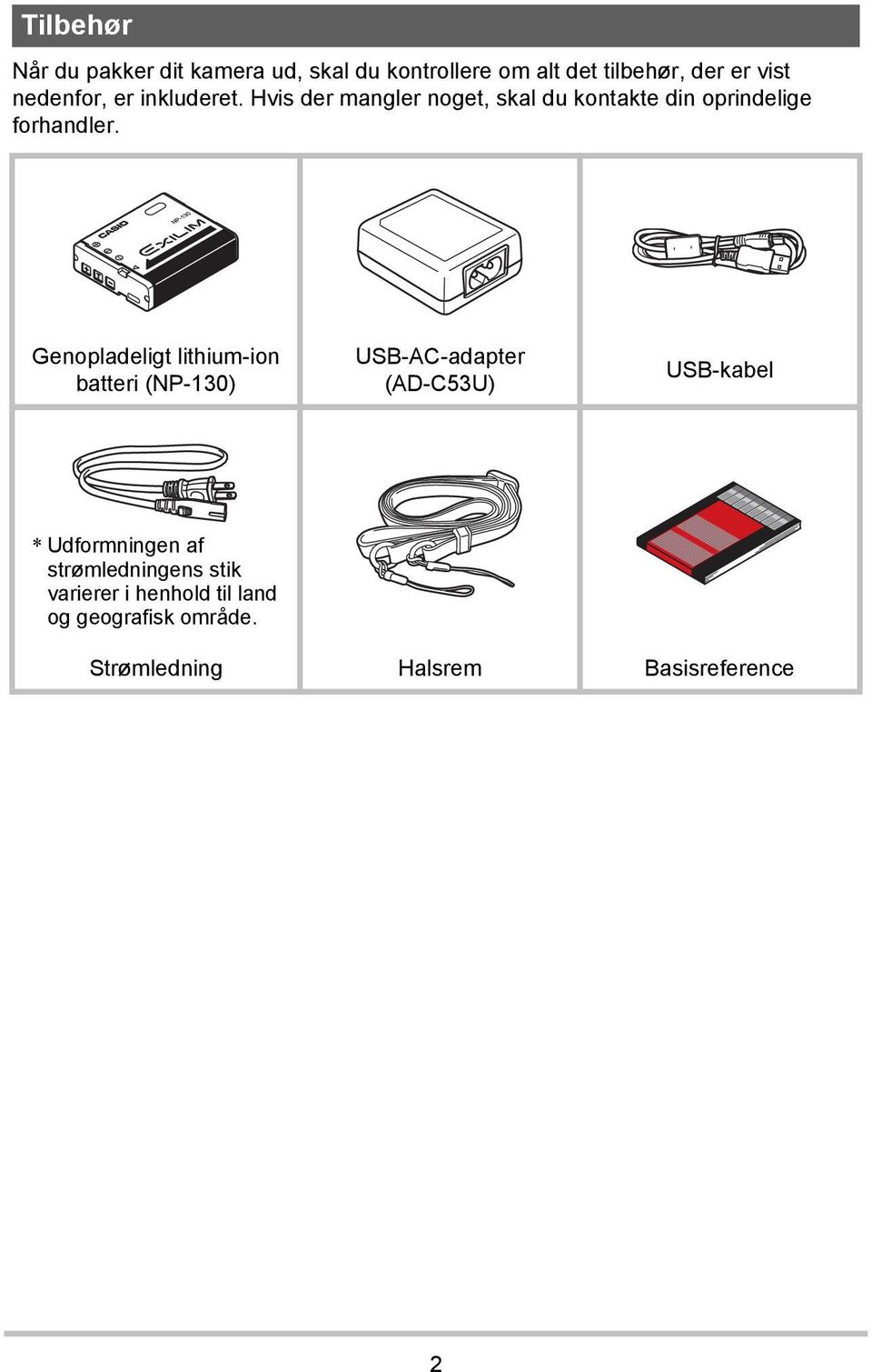 Genopladeligt lithium-ion batteri (NP-130) USB-AC-adapter (AD-C53U) USB-kabel * Udformningen af