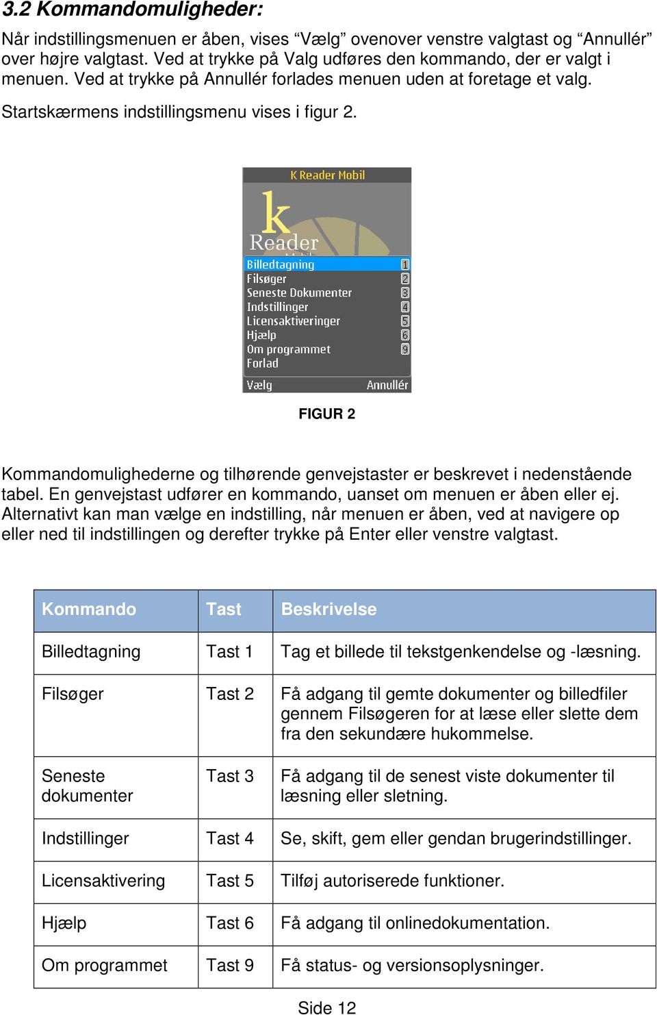 FIGUR 2 Kommandomulighederne og tilhørende genvejstaster er beskrevet i nedenstående tabel. En genvejstast udfører en kommando, uanset om menuen er åben eller ej.
