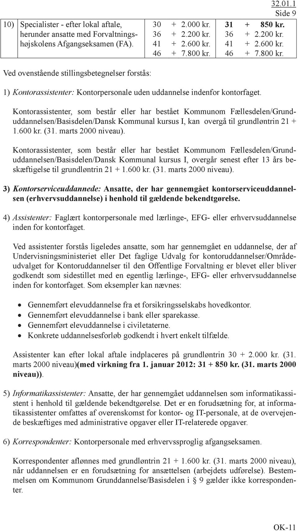 Kontorassistenter, som består eller har bestået Kommunom Fællesdelen/Grunduddannelsen/Basisdelen/Dansk Kommunal kursus I, kan overgå til grundløntrin 21 + 1.600 kr. (31. marts 2000 niveau).