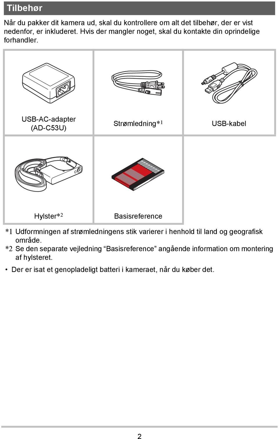 USB-AC-adapter (AD-C53U) Strømledning* 1 USB-kabel Hylster* 2 Basisreference *1 Udformningen af strømledningens stik varierer i