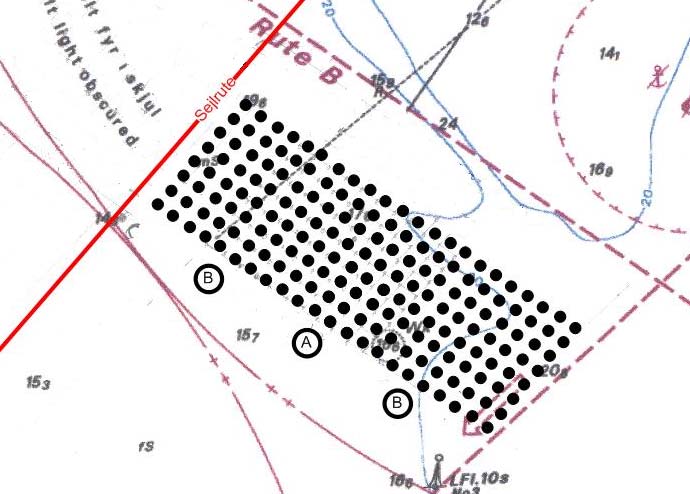 Figur 4.4 - Anholt-møllepark med sejlrute samt vindretning. 4.2.2 Forslag nummer to På billedet herunder er et andet udkast et til en eventuel konstruktion vist.