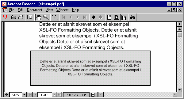 Dette dokument eksempel.fo kan så f. eks. transformeres til PDF formatet som kan vise de mange formaterings angivelser.
