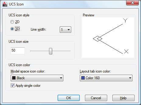 AutoCAD 2016 Brugerfladen UCS ikonet Tastatur: UCSICON UCS ikonet styres af en dialogboks, hvorfra man kan vælge mellem 2D og 3D ikoner, ligesom man kan give pilespidserne forskellig udseende.