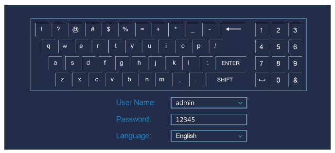 Login: Start NVR op ved at højreklikke på skrivebordet og vælg bruger log-in. Skriv brugernavn og password jf. nedenstående illustration.