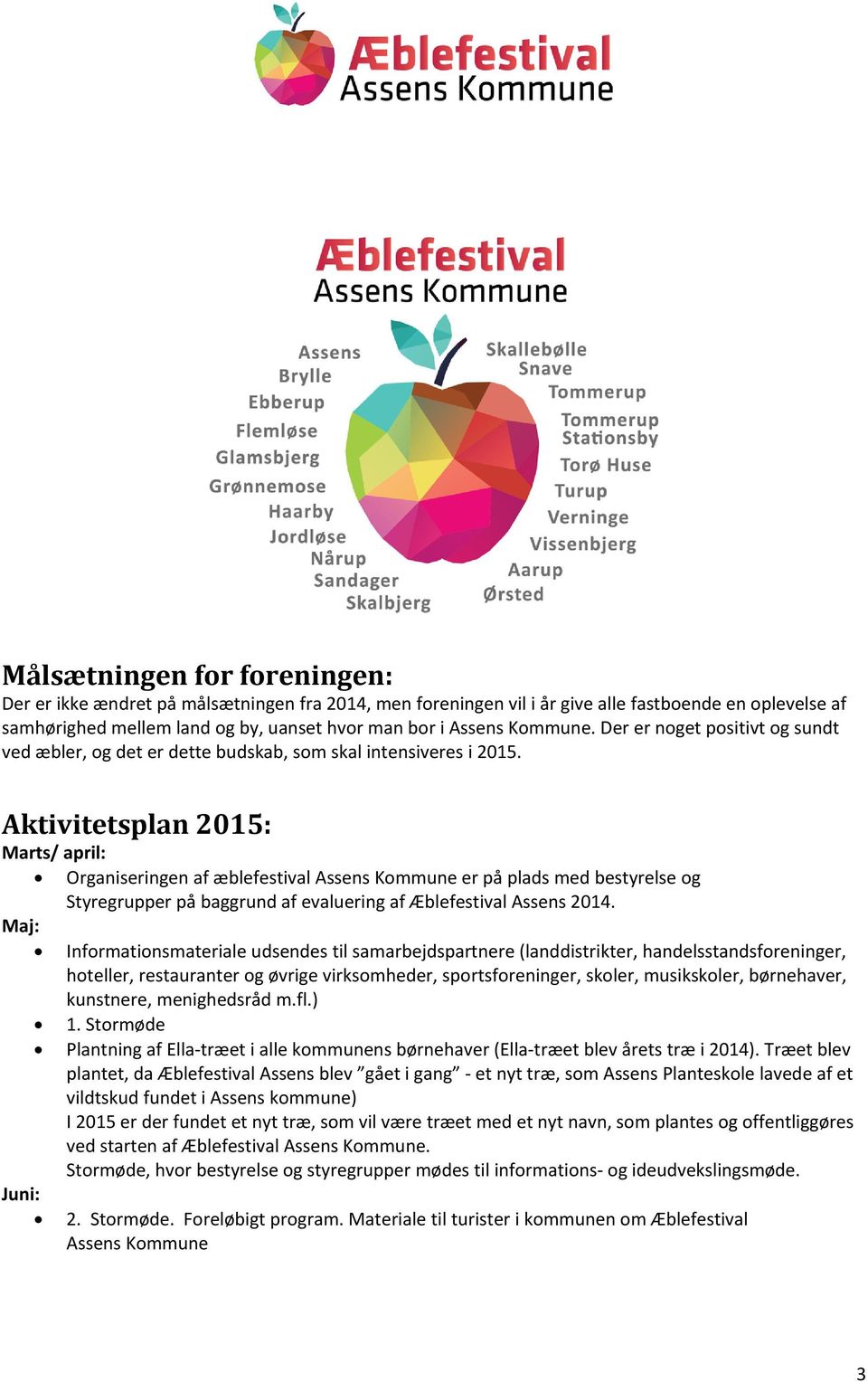Aktivitetsplan 2015: Marts/ april: Maj: Juni: Organiseringen af æblefestival Assens Kommune er på plads med bestyrelse og Styregrupper på baggrund af evaluering af Æblefestival Assens 2014.