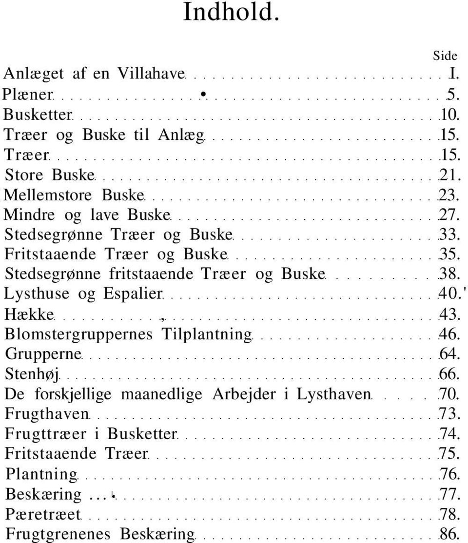 Lysthuse og Espalier 40.' Hække, 43. Blomstergruppernes Tilplantning 46. Grupperne 64. Stenhøj 66.