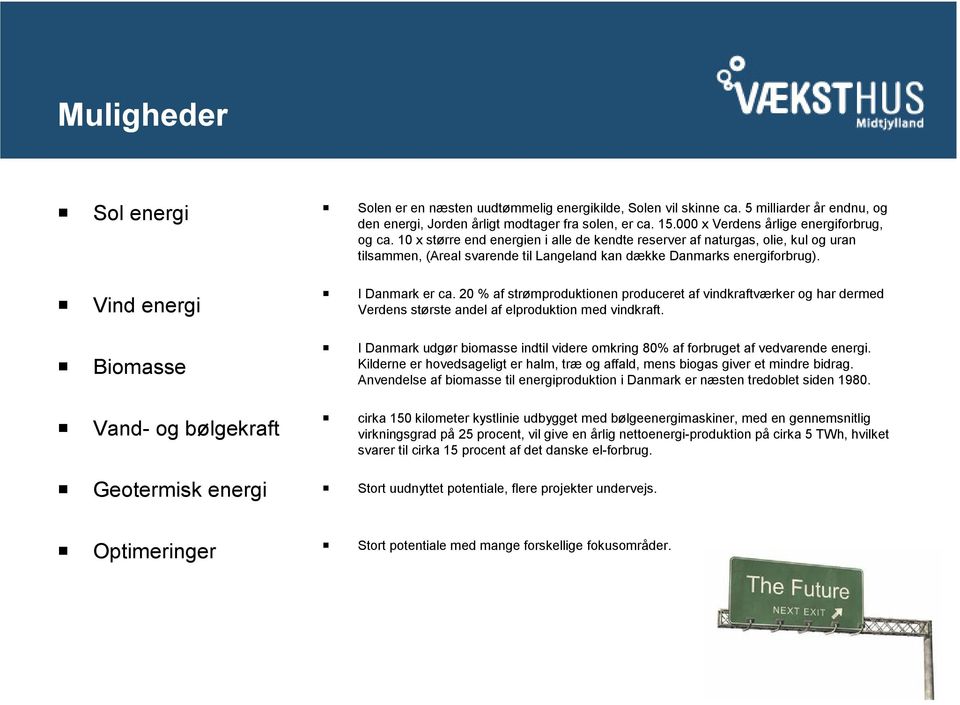 10 x større end energien i alle de kendte reserver af naturgas, olie, kul og uran tilsammen, (Areal svarende til Langeland kan dække Danmarks energiforbrug). I Danmark er ca.