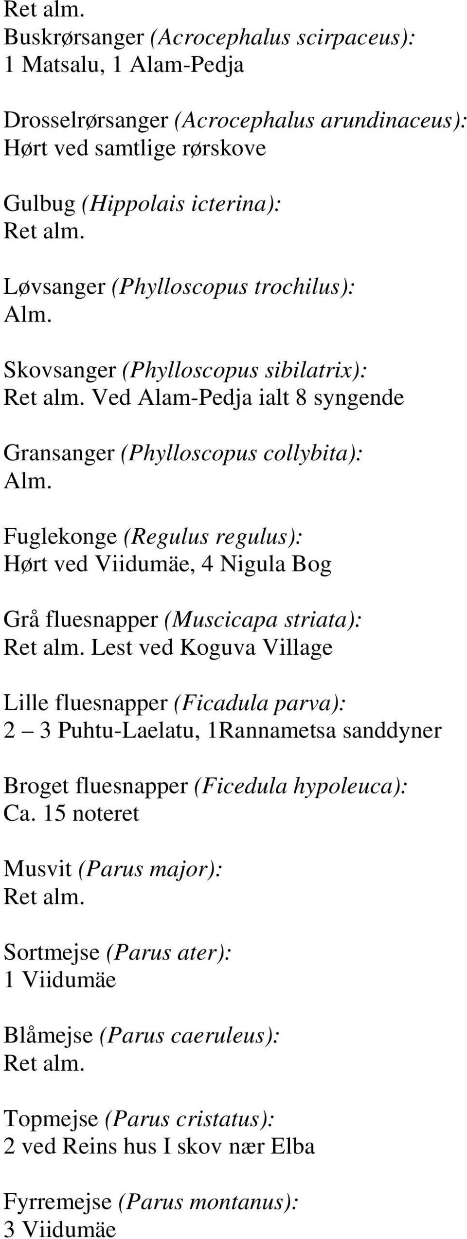 Ved Alam-Pedja ialt 8 syngende Gransanger (Phylloscopus collybita): Fuglekonge (Regulus regulus): Hørt ved Viidumäe, 4 Nigula Bog Grå fluesnapper (Muscicapa striata): Ret alm.