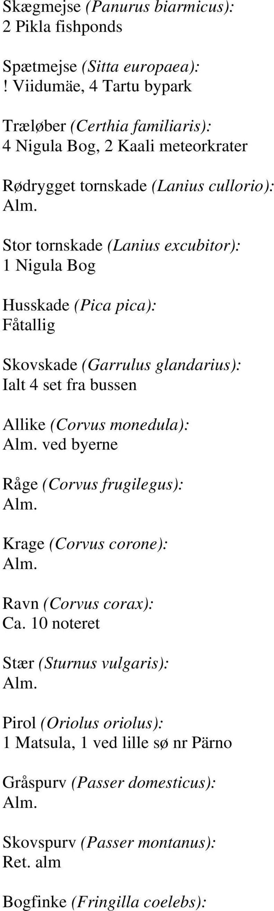excubitor): 1 Nigula Bog Husskade (Pica pica): Fåtallig Skovskade (Garrulus glandarius): Ialt 4 set fra bussen Allike (Corvus monedula): ved byerne Råge (Corvus