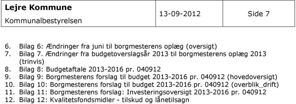 Bilag 9: Borgmesterens forslag til budget 2013-2016 pr. 040912 (hovedoversigt) 10. Bilag 10: Borgmesterens forslag til budget 2013-2016 pr.