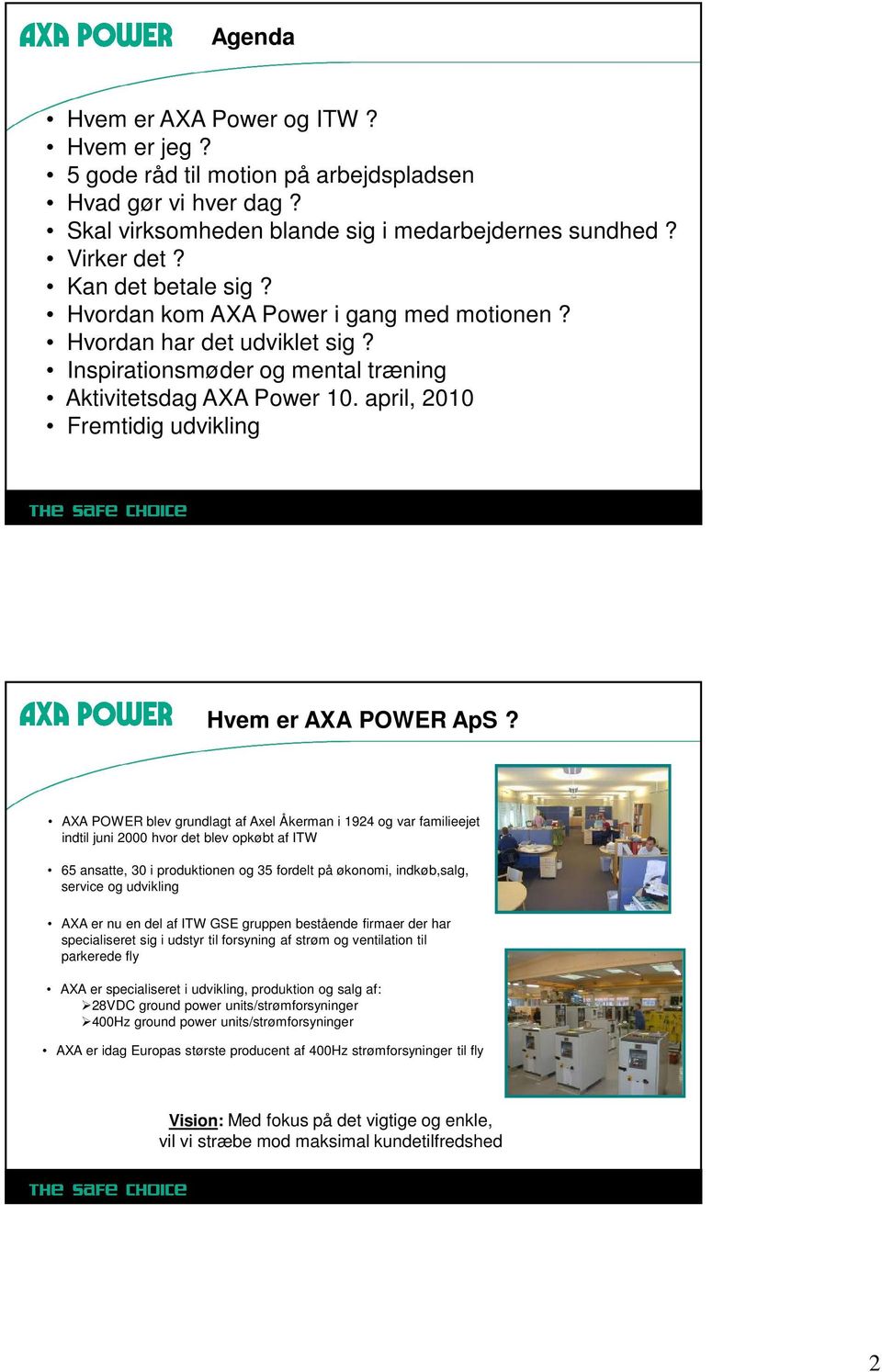 Hvordan har det udviklet sig? Inspirationsmøder og mental træning Aktivitetsdag AXA Power 10. april, 2010 Fremtidig udvikling Hvem er AXA POWER ApS?