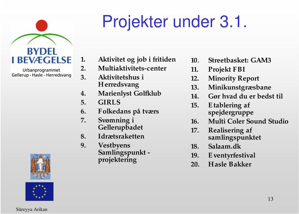 Vestbyens Samlingspunkt - projektering 10. Streetbasket: GAM3 11. Projekt FBI 12. Minority Report 13. Minikunstgræsbane 14.