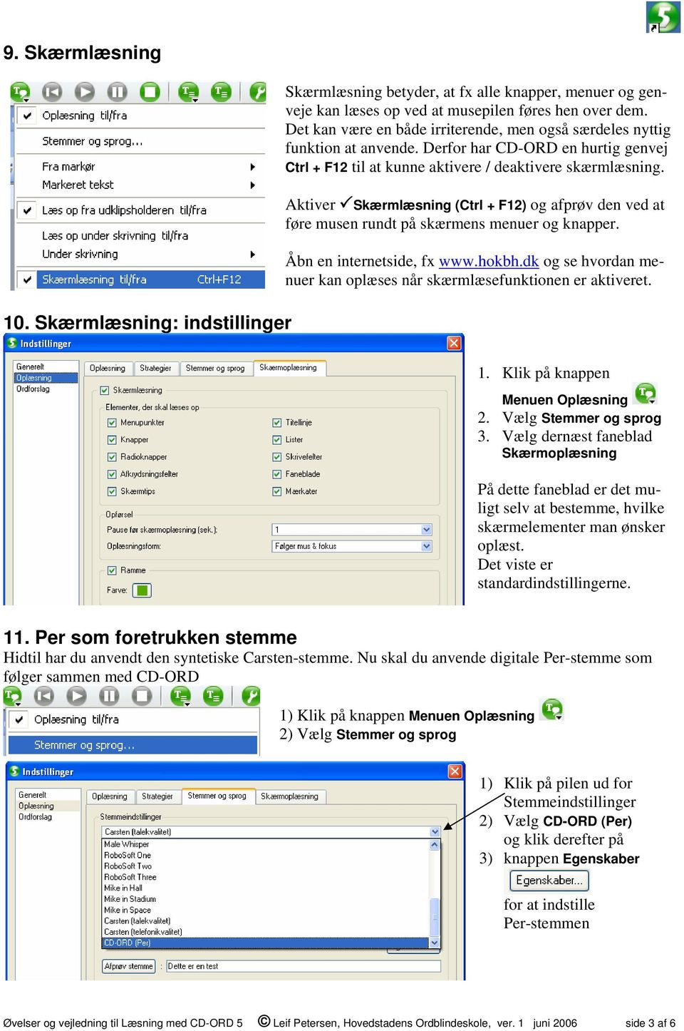 Aktiver Skærmlæsning (Ctrl + F12) og afprøv den ved at føre musen rundt på skærmens menuer og knapper. Åbn en internetside, fx www.hokbh.