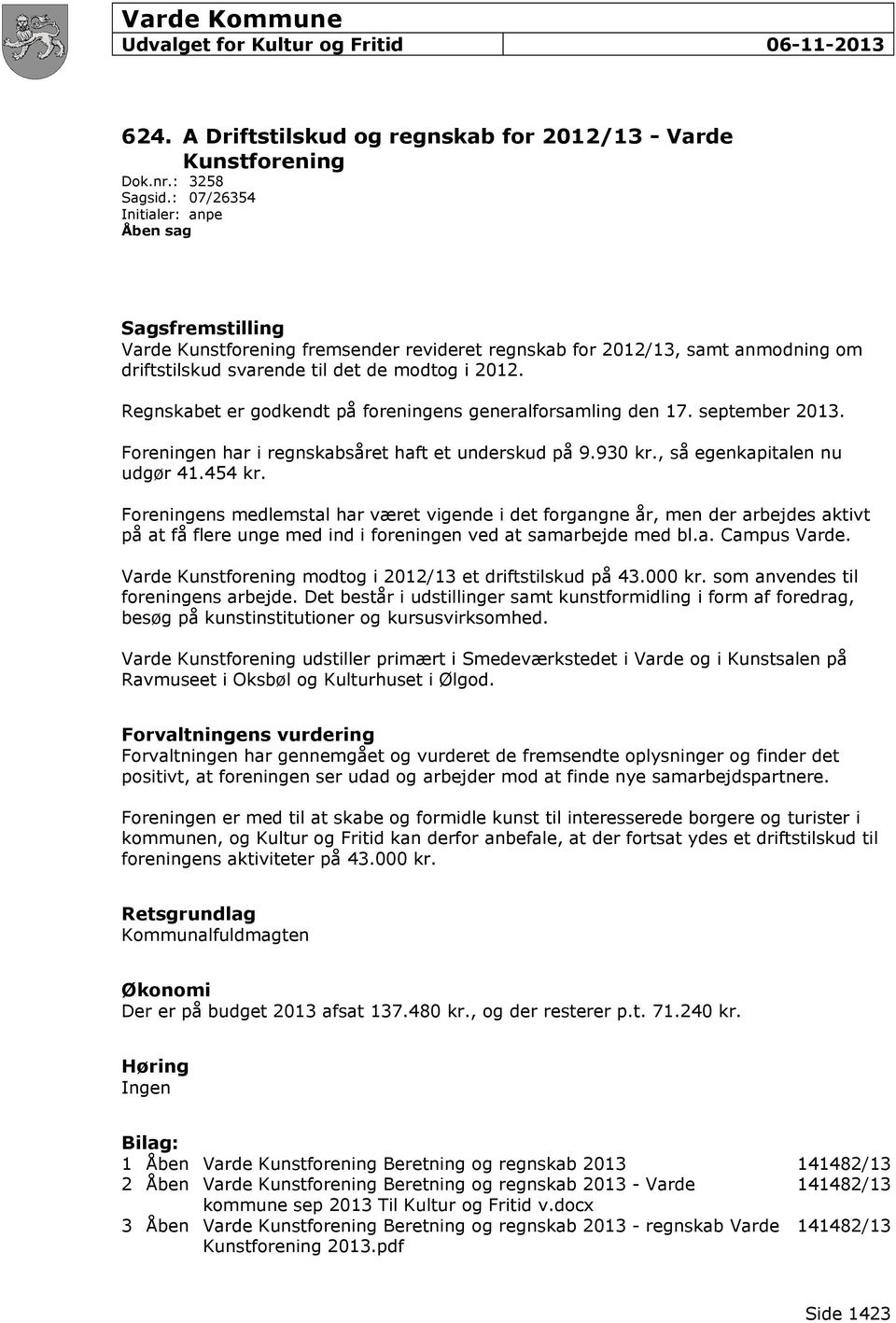 Regnskabet er godkendt på foreningens generalforsamling den 17. september 2013. Foreningen har i regnskabsåret haft et underskud på 9.930 kr., så egenkapitalen nu udgør 41.454 kr.