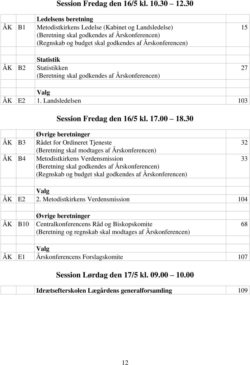 (Beretning skal godkendes af Årskonferencen) 15 27 Valg ÅK E2 1. Landsledelsen 103 Session Fredag den 16/5 kl. 17.00 18.