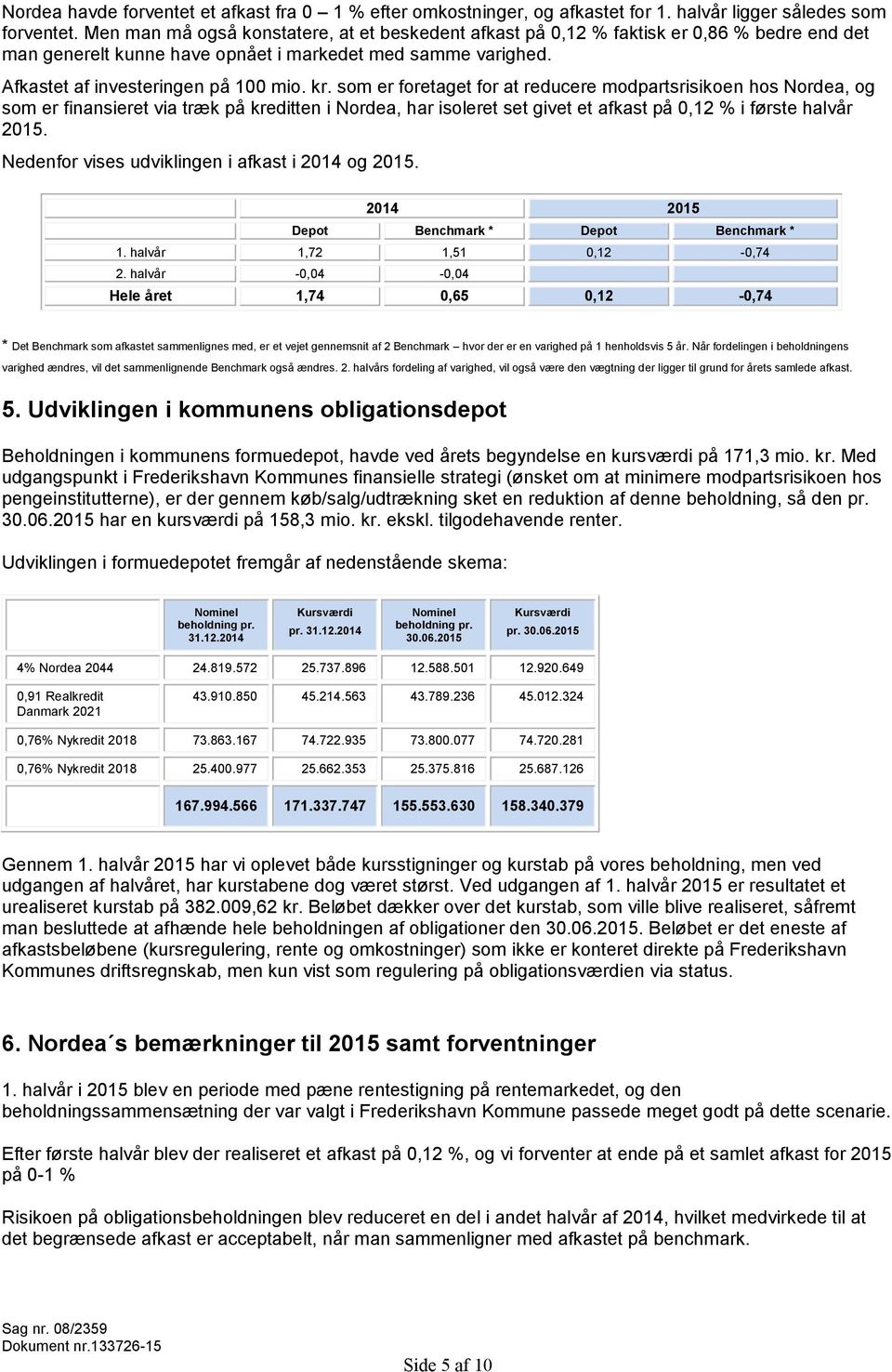 som er foretaget for at reducere modpartsrisikoen hos Nordea, og som er finansieret via træk på kreditten i Nordea, har isoleret set givet et afkast på 0,12 % i første halvår 2015.