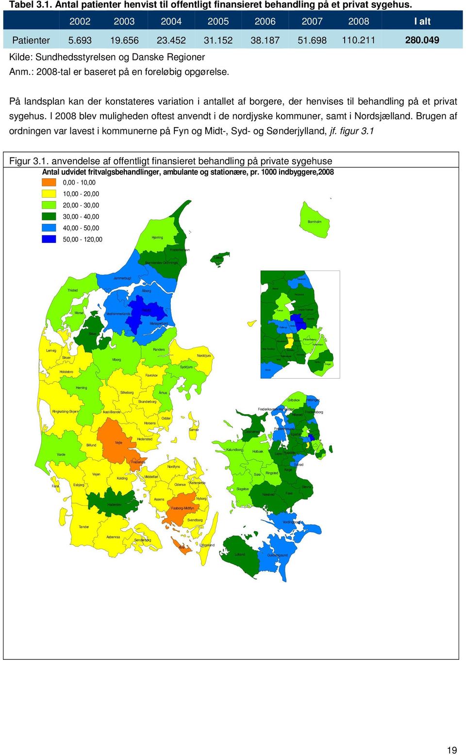 På landsplan kan der konstateres variation i antallet af borgere, der henvises til behandling på et privat sygehus. I 2008 blev muligheden oftest anvendt i de nordjyske kommuner, samt i Nordsjælland.