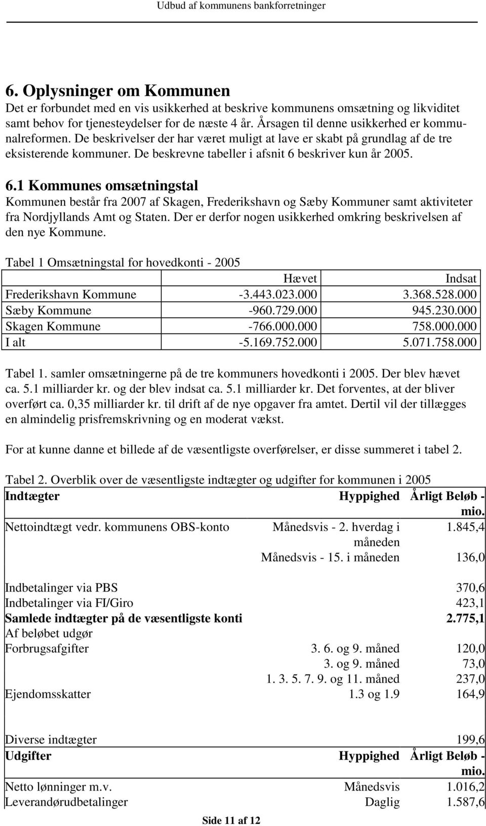 De beskrevne tabeller i afsnit 6 beskriver kun år 2005. 6.1 Kommunes omsætningstal Kommunen består fra 2007 af Skagen, Frederikshavn og Sæby Kommuner samt aktiviteter fra Nordjyllands Amt og Staten.