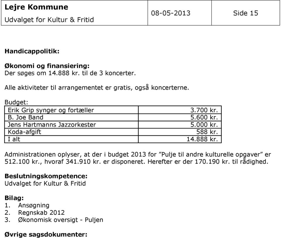 000 kr. Koda-afgift 588 kr. I alt 14.888 kr. Administrationen oplyser, at der i budget 2013 for Pulje til andre kulturelle opgaver er 512.100 kr., hvoraf 34910 kr.