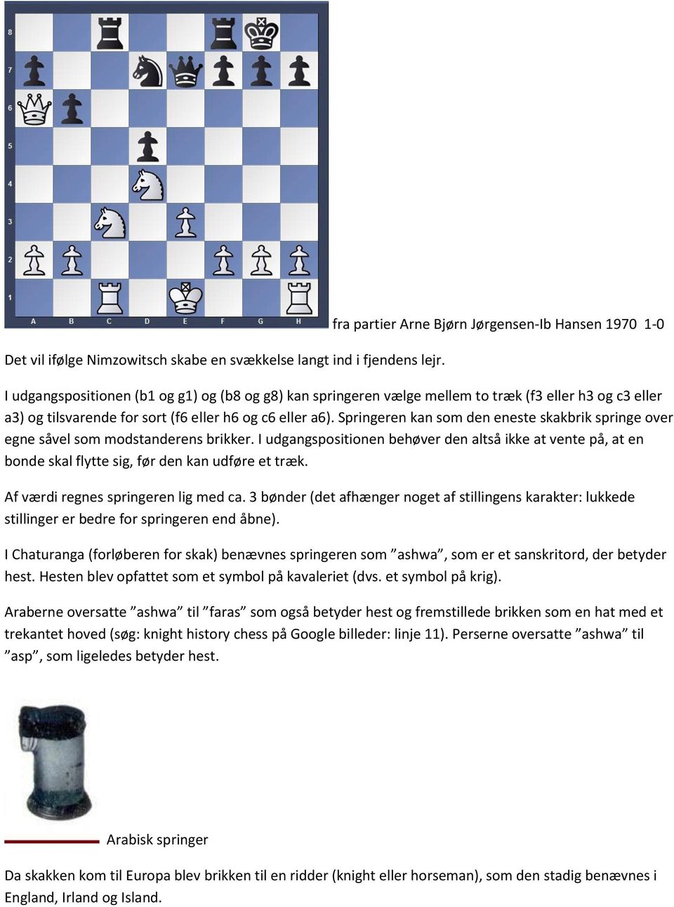 og c6 eller a6). Springeren kan som den eneste skakbrik springe over egne såvel som modstanderens brikker.