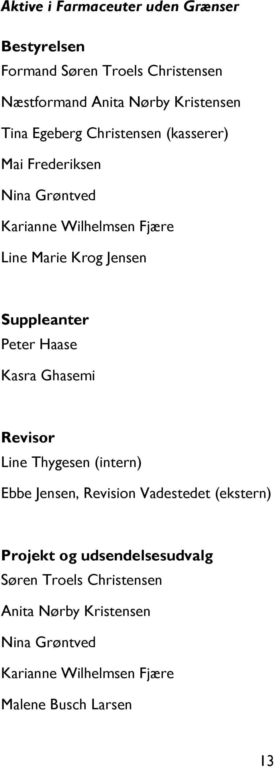 Suppleanter Peter Haase Kasra Ghasemi Revisor Line Thygesen (intern) Ebbe Jensen, Revision Vadestedet (ekstern) Projekt