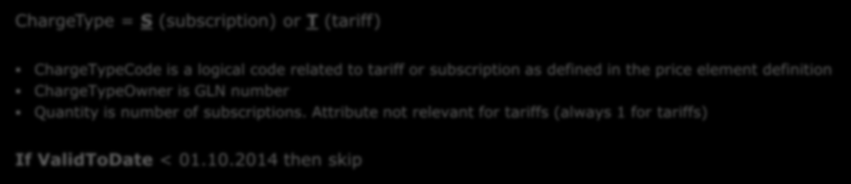 File format 1 Tariff and subscription links (Full list) Pre-requisite Price definitions is created using GUI or B2B Price elements must have been defined before linking of tariffs and subscriptions