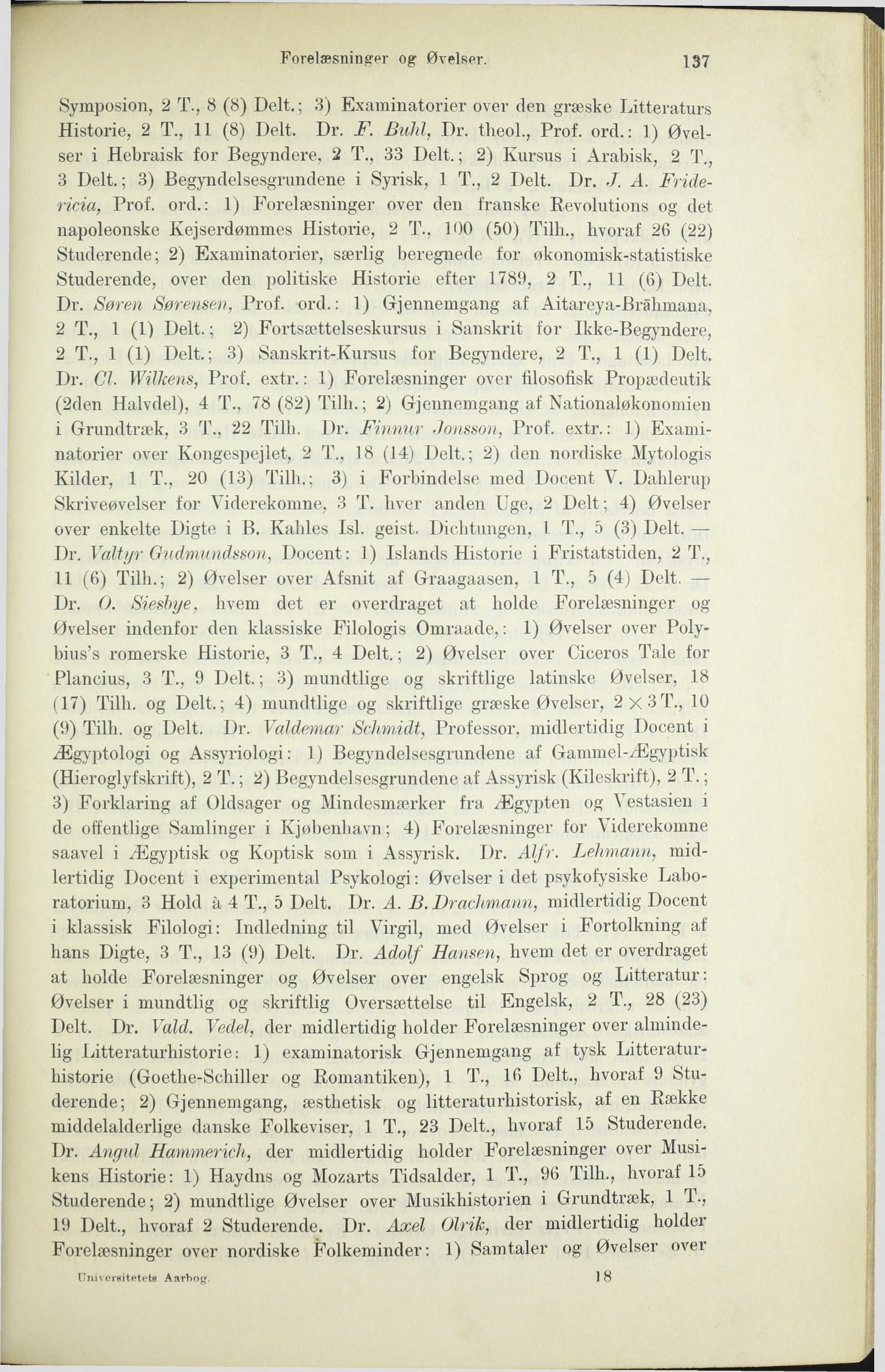 Forelæsning-pr og- Øvelser. 137 Symposion, 2 T., 8 (8) Delt.; 3) Examinatorier over den græske Litteraturs Historie, 2 T., 11 (8) Delt. Dr. F. Buld, Dr. theol., Prof. ord.