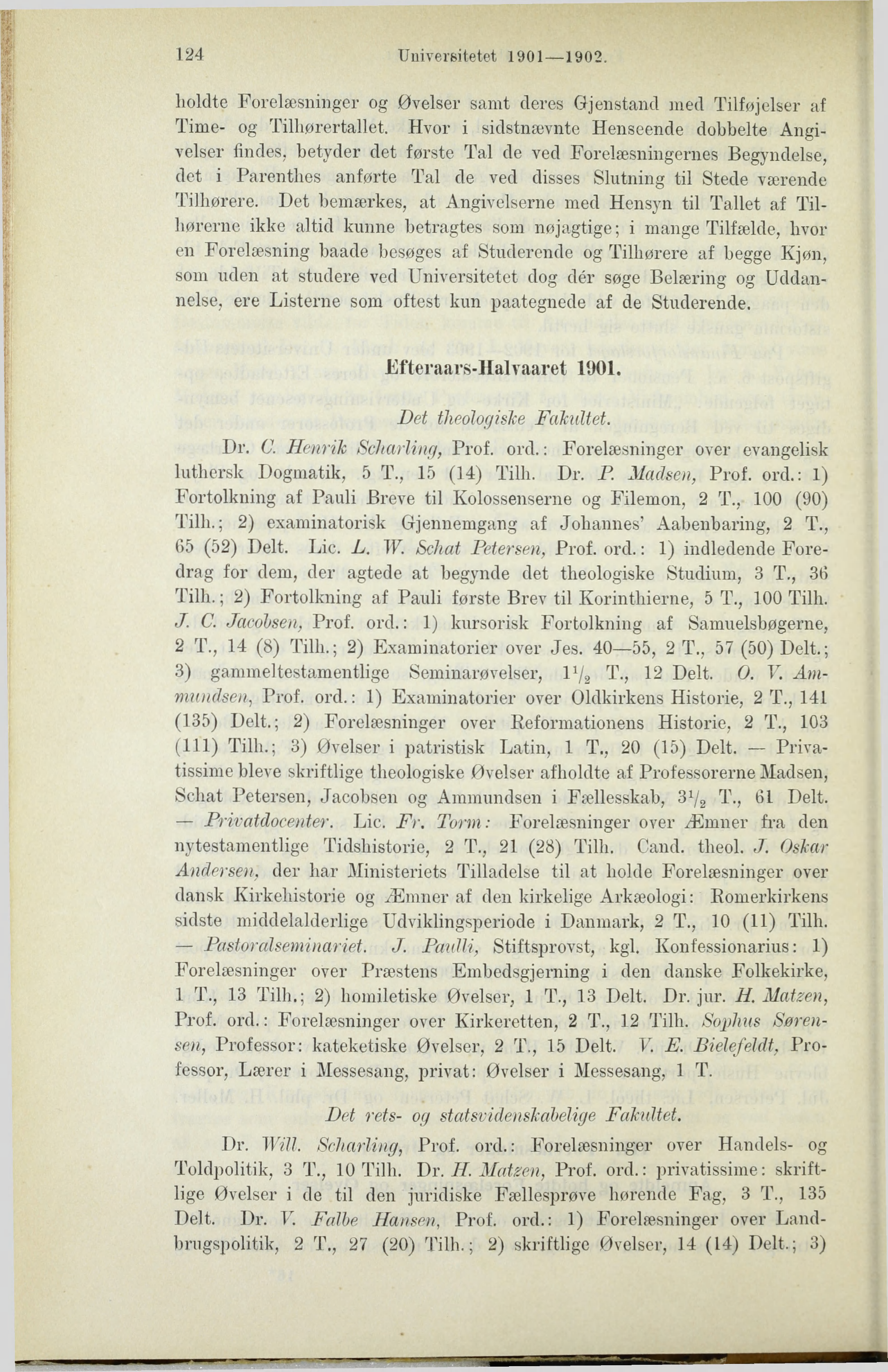 124 Universitetet 1901 1902. holdte Forelæsninger og Øvelser samt deres Gj en stand med Tilføjelser af Time- og Tilhørertallet.