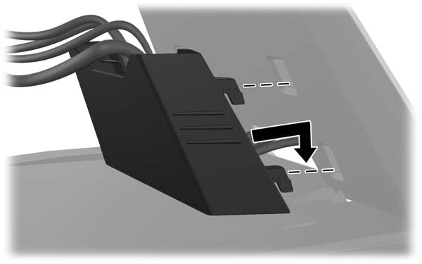 6. Hvis vippe/drejestativet er monteret på computeren, påsættes kabelholderdækslet: a. Hold kabelholderdækslet under kablerne og placer dækselkrogene, så de flugter med slottene i stativet. b.