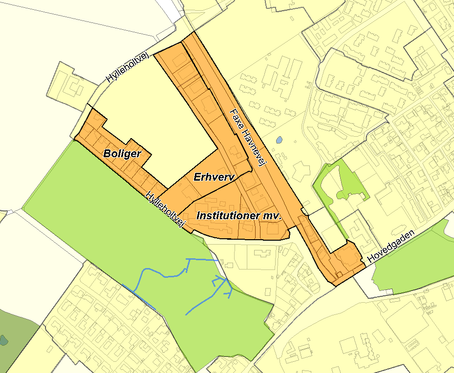 Figur 1 Området mfattet af tillægget er vist med brun signatur. Spildevand fra planmrådet afledes i dag til fællesledning langs Faxe Havnevej g jernbane g videre til hvedklak i Hvedgaden.