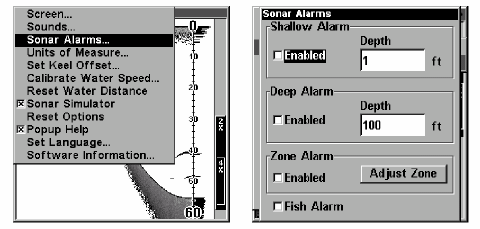 Alarmer Instrumentet har tre typer ekkolod-alarmer. Den første er Fiske-Alarmen. Den lyder hver gang Fish I.D. identificerer et ekko eller samling af ekkoer, som fisk.