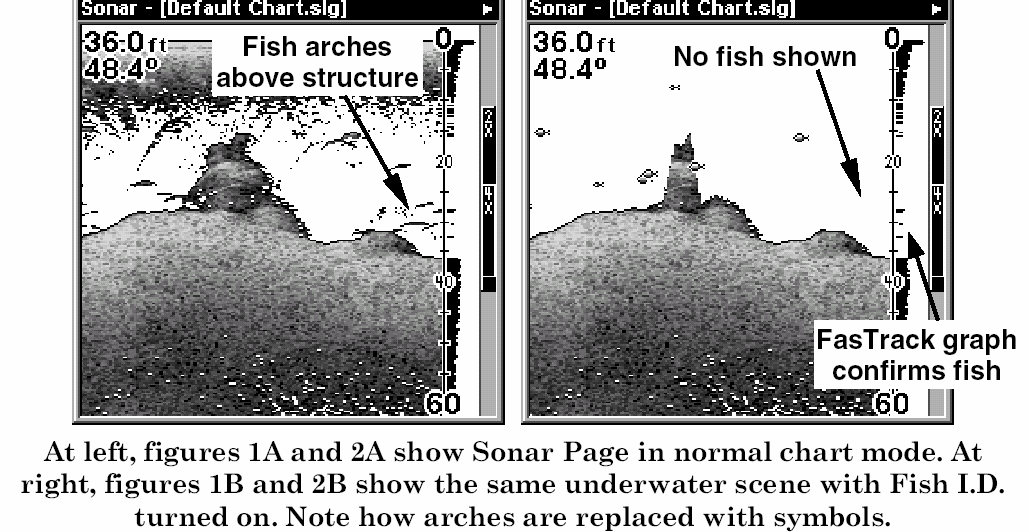 FISH I.D. (Fiskesymboler) De ekkoer der markeres med et fiskesymbol, opfylder bestemte krav. Mikrocomputeren i instrumentet analyserer alle ekkoer og eliminerer f.eks.