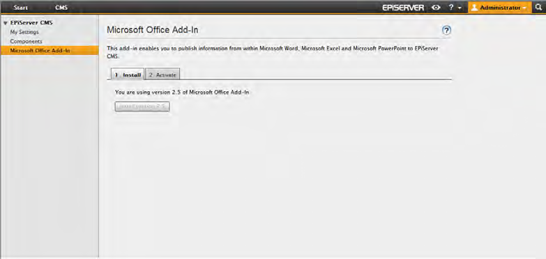 112 Redaktørhåndbog for EPiServer CMS 6 R2 Rev A Programtilføjelse til Microsoft Office Når du vil publicere oplysninger direkte fra Microsoft Office til EPiServer CMS, skal du installere et Office-