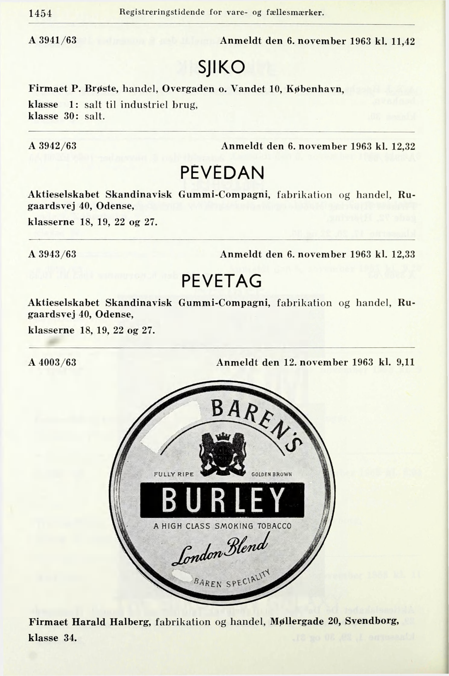 1454 Registreringstidende for vare- og fællesmærker. A 3941/63 Anmeldt den 6. november 1963 kl. 11,42 SJ I KO Firmaet P. Brøste, handel, Overgaden o.
