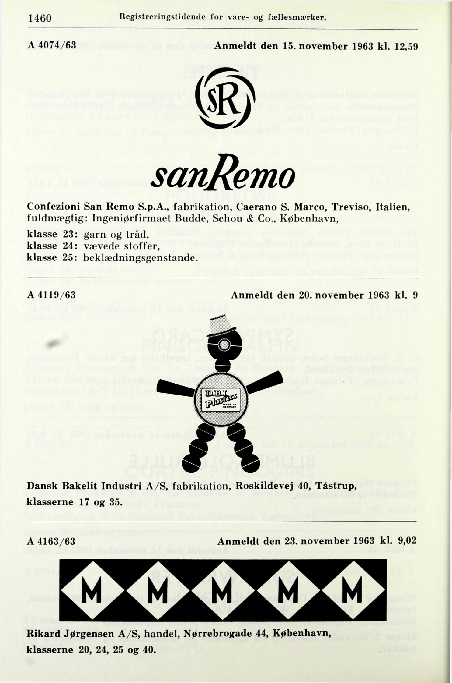 1460 Registreringstidende for vare- og fællesma-rker. A 4074/63 Anmeldt den 15. november 1963 kl. 12,59 sanremo Confezioni San Remo S.p.A., fabrikation, Caerano S.