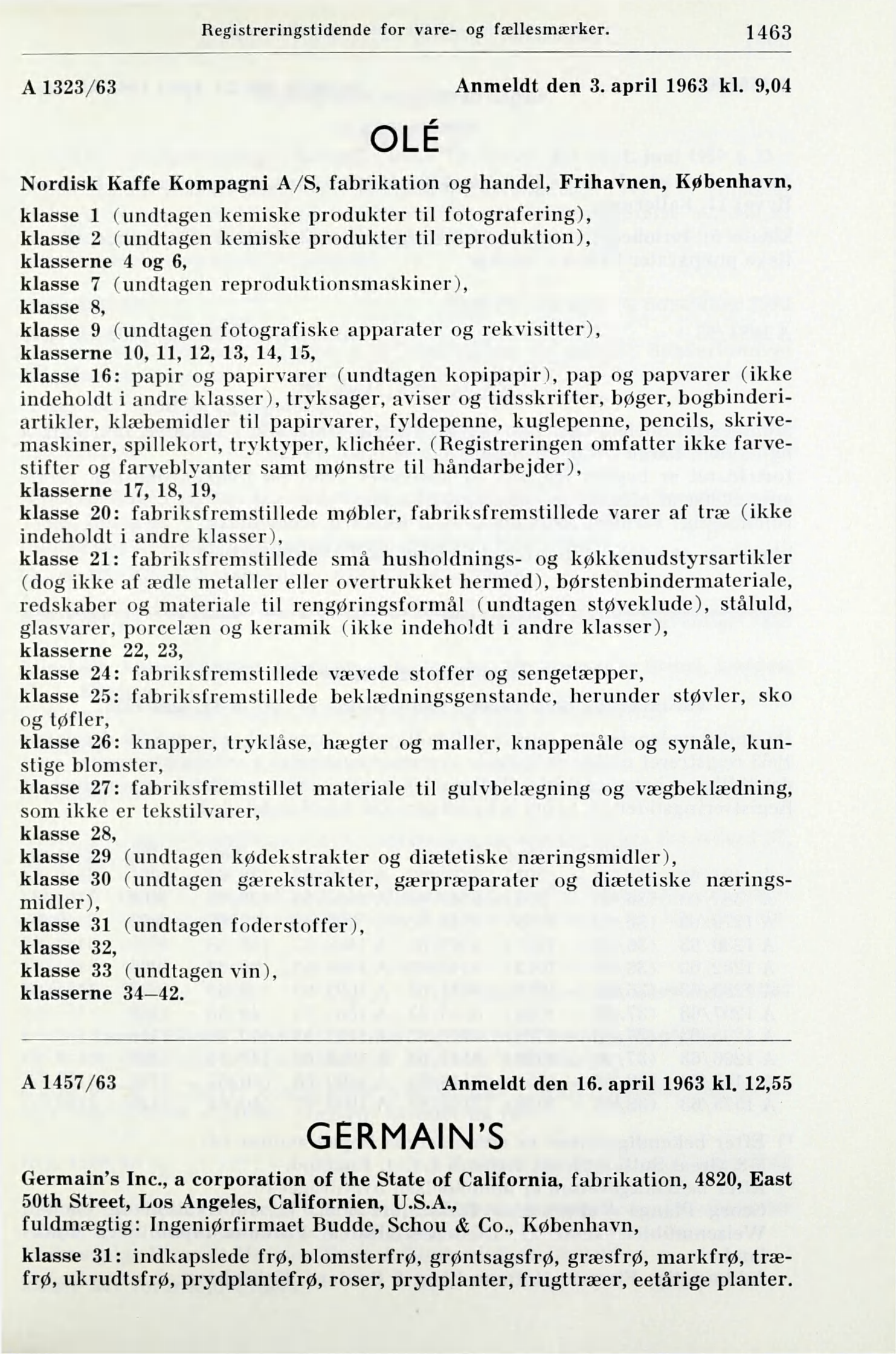 Registreringstidende for vare- og fællesmærker. 1463 A 1323/63 Anmeldt den 3. april 1963 kl.
