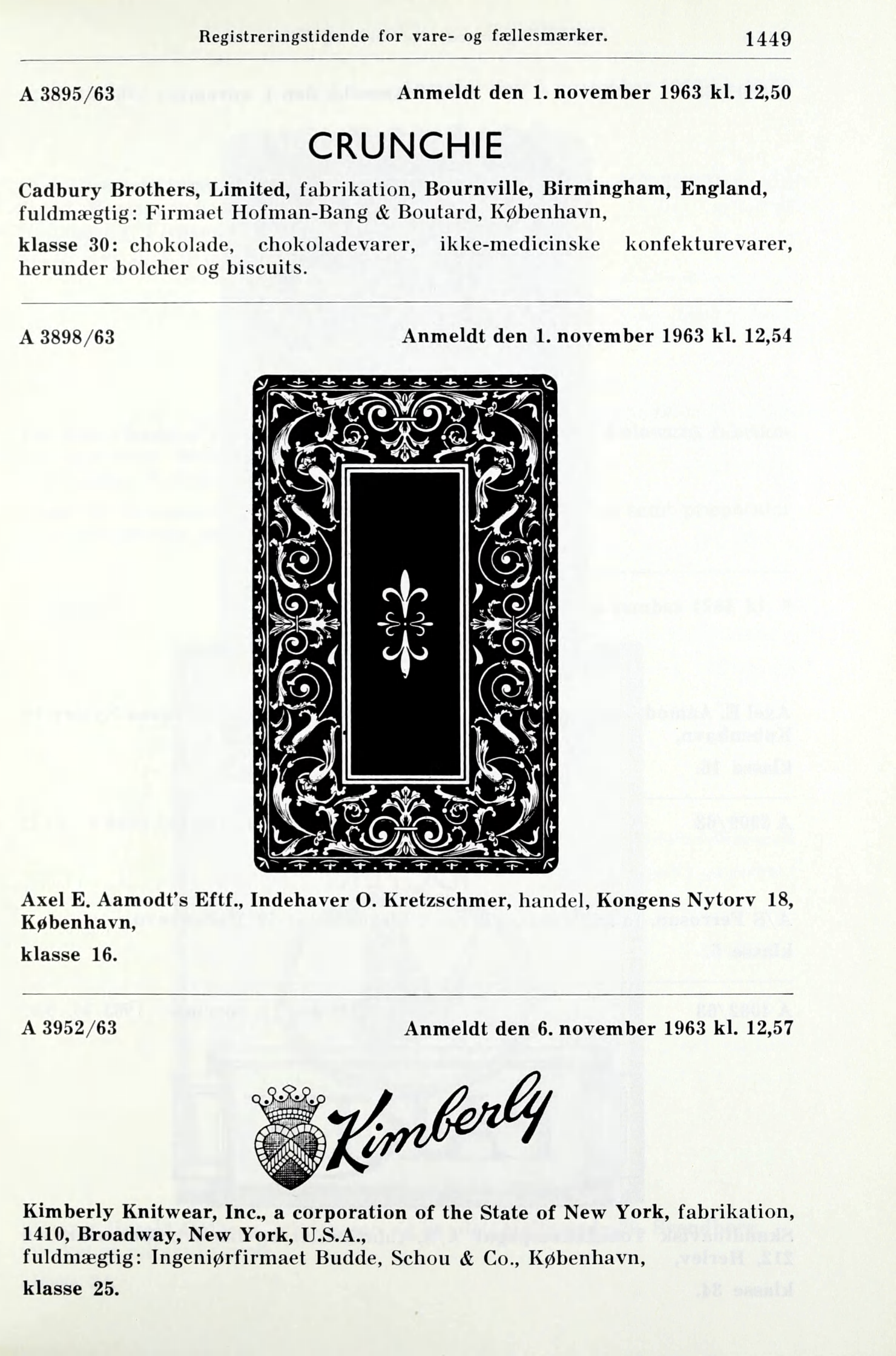 Registreringstidende for vare- og fællesmærker. 1449 A 3895/63 Anmeldt den 1. november 1963 kl.