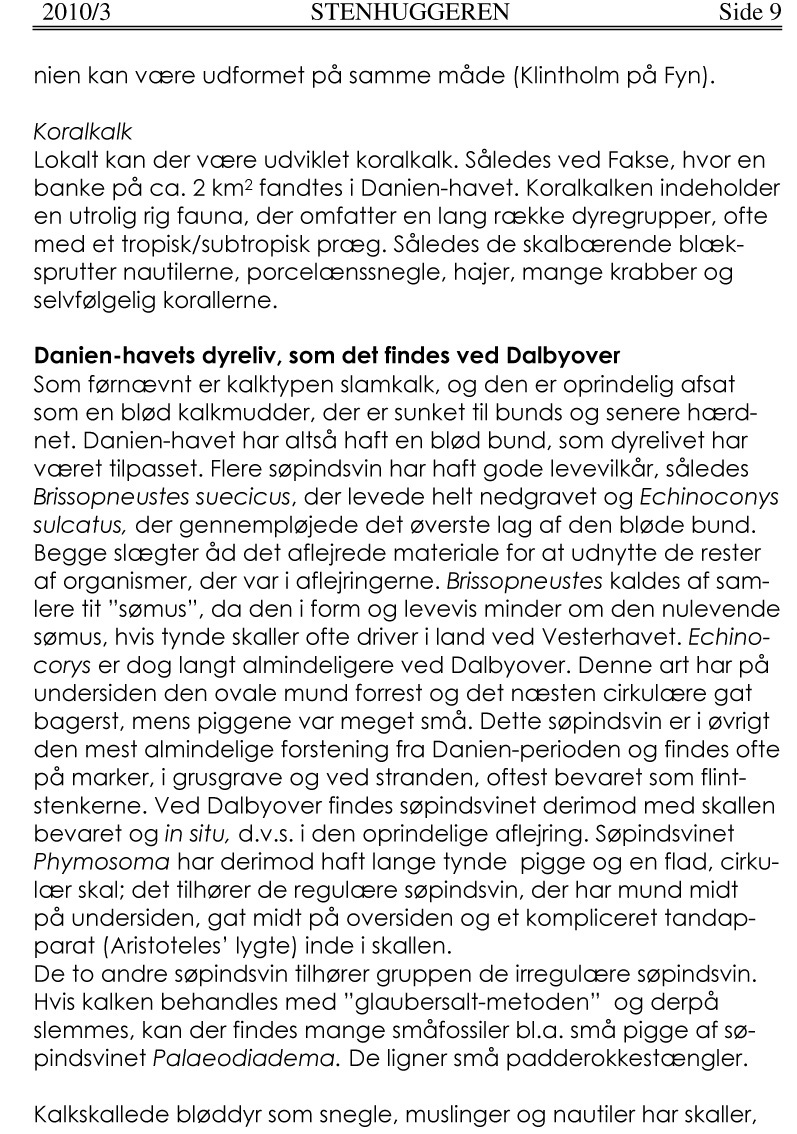 2010/3 Side 9 nien kan være udformet på samme måde (Klintholm på Fyn). Koralkalk Lokalt kan der være udviklet koralkalk. Således ved Fakse, hvor en banke på ca. 2 km2 fandtes i Danien-havet.