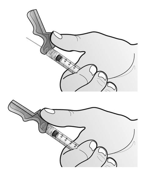 Fjern den gennemsigtige kanylebeskyttelse ved at holde sprøjten i den ene hånd og forsigtigt trække beskyttelsen lige af med den anden hånd.