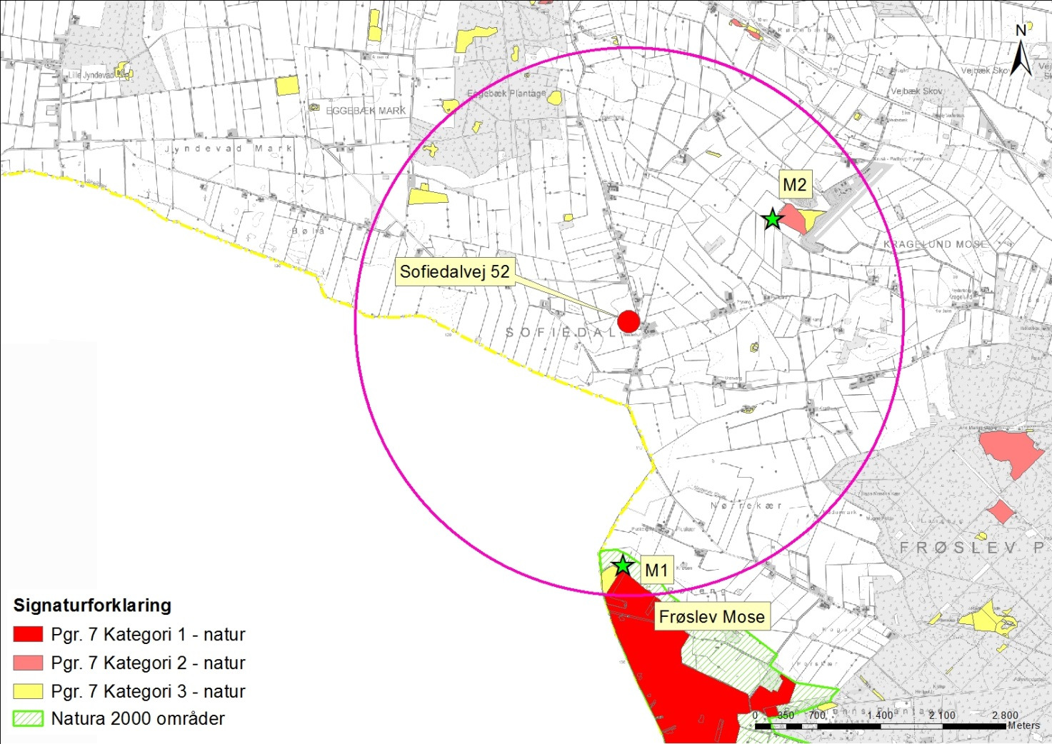 Kort 1. Anlægget (den røde cirkel) med nærmeste Natura 2000 område samt kategori 1-3 natur.