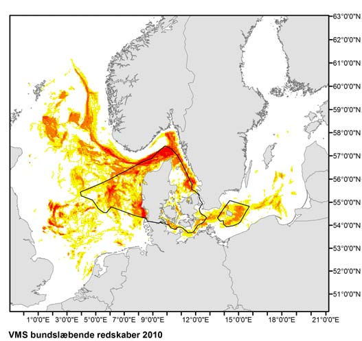 Figur 3.19: Fiskeriets (bundslæbende redskaber) geografiske fordeling udtrykt ved VMS punkter hvor det antages der fiskes, vægtet med fartøjernes motorkraft (udtryk i kw) (Dalskov et al. 2011)/ref.